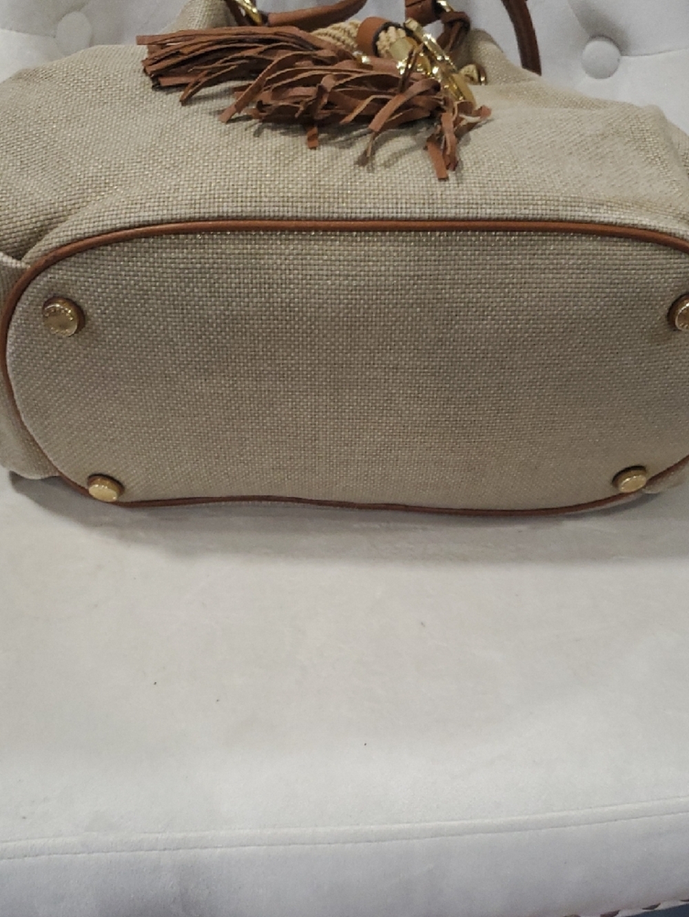 Michael Kors Tan Canvas Drawstring Shoulder Bag with Brown Leather Trim - Picture 11 of 17